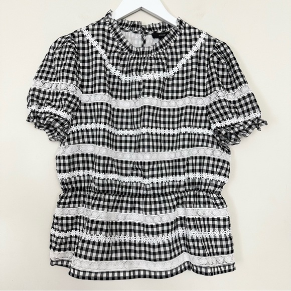 J. Crew Tops - J. Crew Short Sleeve Daisy Chain Peplum Blouse Black White Gingham #AJ433